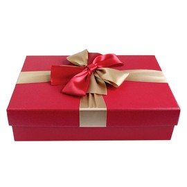 Emartbuy Rigid Gift Box, 34 x 23 x 8 cm, Red Box with Lid, Brown Interior and Gold Red Satin Decorative Ribbon