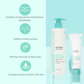 Serious Skincare Glycolic Acid Cleanser, Exfoliating Face Wash,10% Glycolic Acid, Deep Pore Purifying, Removes Makeup, Oil, and Impurities, Shave Prep, Anti-Aging for Women & Men 12 Oz & 4 Oz