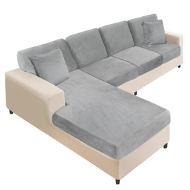 NAISI Sectional Couch Covers 8 Pieces Velvet Couch Cushion Covers L Shape Soft Stretch Sofa Slipcovers with 2pcs Pillowcases for Left/Right Chaise Sectional Couch(3 Seater+1 Chaise+4 Back,Light Grey)