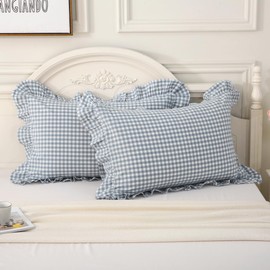Silnuo Light Blue/White Plaid Ruffle Pillow Shams King Size Set of 2,Washed Cotton Shabby Checkered Gingham Pillowcases Pillow Covers