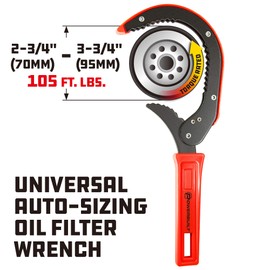 Powerbuilt Universal Auto-Sizing Oil Filter Wrench – Fits 2-3/4" to 3-3/4" Filters, Spring-Loaded Jaws, Steel Construction, Padded Handle for Comfort and Grip - 942006
