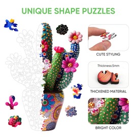 Mys Aurora Puzzles for Adults Cactus Flower Wooden Puzzles, 200 Pieces Unique Shaped Jigsaw Puzzles, FSC Certified Beautiful Birthday Gifts for Kids, Christmas Fun Family Game 10'' x 14''