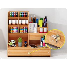Vikmyer Wooden Pencil Holder, Desk Organiser, Multifunctional Desktop Stationery, Pen Holder, Box for Home, Office, School Supplies, Storage Shelf with Drawer