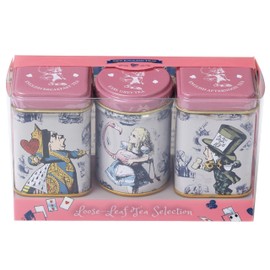 New English Teas Alice in Wonderland Pink 3x Mini Tea Tins with 3 Blends - English Breakfast, English Afternoon & Earl Grey