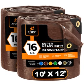 Xpose Safety Super Heavy-Duty 10' x 12' Brown Poly Tarp (2-Pack) - 16 Mil Waterproof & UV Resistant, Rip-Proof with Reinforced Edges & Grommets