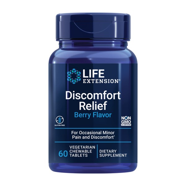 Life Extension Pea Discomfort Relief (Berry Flavor) for Occasional Minor Pain & Discomfort – Palmitoylethanolamide Supplement - Gluten-Free, Non-GMO, Vegetarian – 60 Chewable Tablets