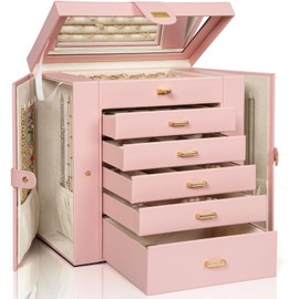 AKOZLIN Huge Jewelry Box Organizer Functional Extra Large Leather Jewelry Storage Case for Women Girls Ring Necklace Earring Bracelet Holder Organizer with Mirror