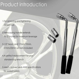 Telescopic Wheel Brace Wrench Travel Emergency Breakdown Multifitment Wrench with 2 Double Ended Sockets(17mm-19mm, 21mm-23mm) Extending Wheel Nut Wrench Extendable 35-55cm for Car Van Truck Caravan