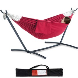 PNAEUT Double Hammock with Space Saving Steel Stand 2 Person Heavy Duty Garden Yard Outdoor 450lb Capacity Hammocks and Portable Carrying Bag (Cherry)