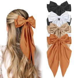 TELAIN Pack of 4 Hair Bows for Women, Large Satin Hair Clips, Long Silky Bows for Hair, Plus Size, Black and White Hair Clips, Coquette Hair Accessories for Women