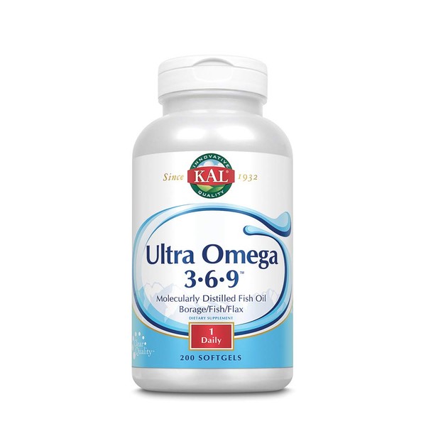 KAL Ultra Omega 3-6-9 1200mg | Fish Oil w/Cold Pressed Flaxseed & Borage Oil | Skin, Hair, Heart, Memory | 200 Softgels