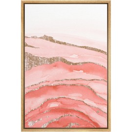 MUDECOR Framed Canvas Print Wall Art Coral Pink Watercolor Gradient Blots Lined with Gold Abstract Shapes Illustrations Modern Art Bohemian Colorful for Living Room, Bedroom, Office - 16"x24" Natural