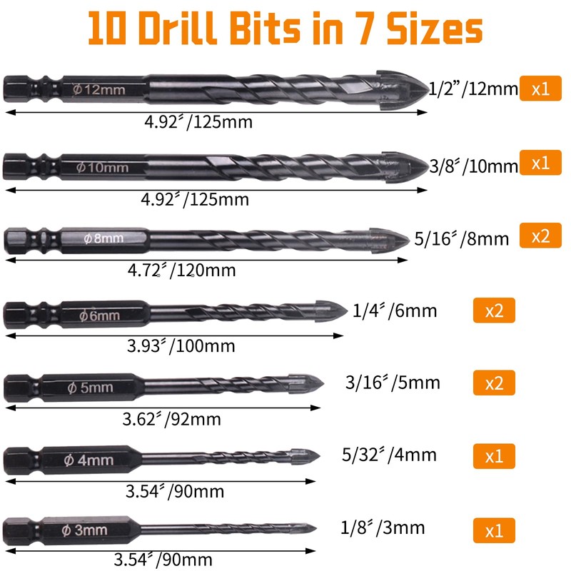 Masonry Drill Bits,10 Pcs Carbide Masonry Concrete Drill Bits,Cross Four