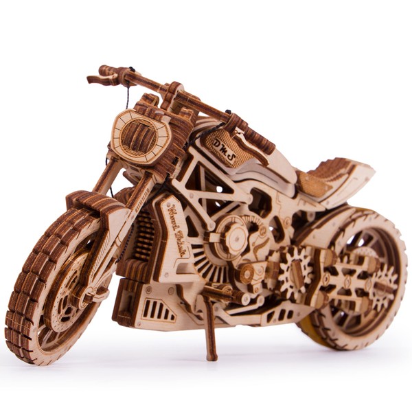 Wood Trick Motorcycle w/Rubber Band Motor Rides up to 16ft - Mechanical Model Kits for Adults and Kids - 10x4-3D Wooden Puzzles for Adults and Kids - Engineering DIY 3D Puzzle Wooden Models