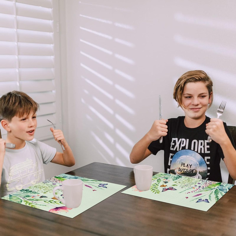 Vinyl Butterfly Floral Green Placemats - Set of 4, Heat