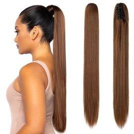 Dulchany Ponytail Extension 21" Claw Clip Hair Extensions Ponytail Long Straight Hair Extension Natural Synthetic Hairpiece for Women:_Dark Brown Mix Light Auburn