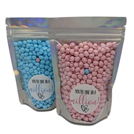 eventabox One In A Million - Millions filled sweet pouch - 75g - Gift Pink/Blue or Blue/Pink His Her Vegan (Blue & One Pink)