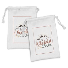 Ambesonne Camping Fabric Pouch Set of 2, Modern We Trust Calligraphy with Mountains and Arrow Hobby Hand Drawn Print, Small Drawstring Bag for Toiletries Masks and Favors, 9" x 6", Multicolor