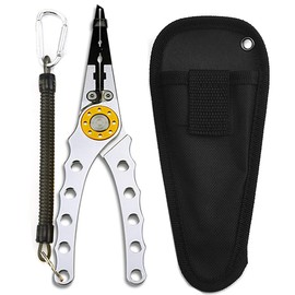 Aluminum Fishing Pliers with Coiled Lanyard & Sheath, Multifunctional Split Ring Pliers Hook Remover Line Cutter - Silver