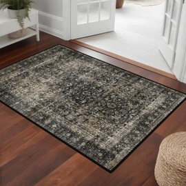 2x3 Black Area Rug for Entryway Kitchen Bathroom, Washable Vintage Neutral Rug, Non Slip Soft Low Pile Small Door Mat, Distressed Floral Indoor Carpet for Entrance Bedroom Living Room Home Decor