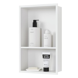 Qeke Stainless Steel Shower Niche 18" X 12", No Tile Needed Wall Niche Double Shelves, Recessed Shower Shelf for Bathroom Storage, Matte White