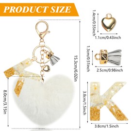 MWOOT Name Initial K Keyring, Alphabet Letter K Keychain with Heart Pom Pom, Bag Charm Ornament for Women Car Key Purse Backpack Bag Decorations, White Resin Key Holder Pendant