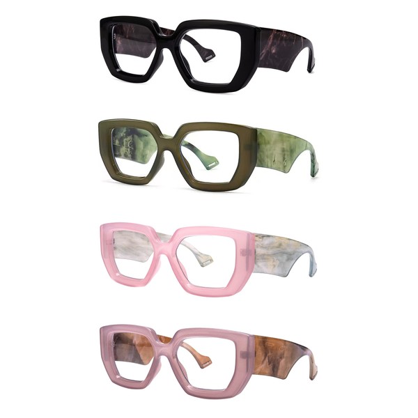 Murddoa 4 Pack Square and Oversized Blue Light Blocking Glasses Cute and Stylish Thick Frames for Women Fashion Eyeglasses(4 Pairs,(Black+Pink+Green+Purple))