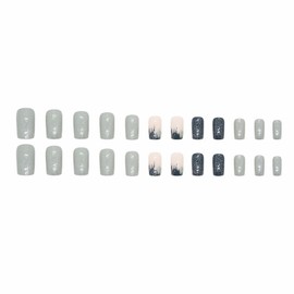 MERVF Square Press on Nails Medium Fake Nails French Tip Squoval Glue on Nails Press ons with Glitter Design 24pcs Glossy Mint Green Artificial Acrylic Nails for Women