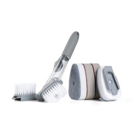 Semisun 6 in 1 Soap Dispensing Dish Brush Storage Set with 6 Brush Heads Randomly Switched, Kitchen Brush with Holder for Pot Pan Sink Cleaning