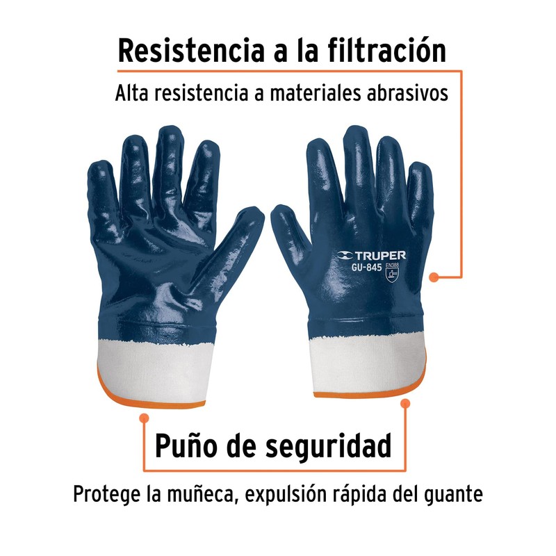 Truper GU-845, Guantes de algodón recubiertos de nitrilo, puño seguridad