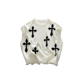 BEAUDRM Men's Cross Print Sweater Vests Y2k Ripped Crew Neck Sleeveless Casual Knit Tops Streetwear Black and White Medium