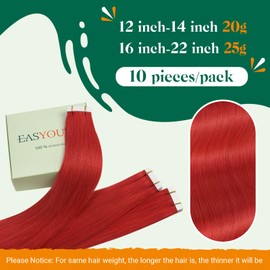 Easyouth Red Tape in Hair Extensions Human Hair Tape in Extensions Real Human Hair Red Tape ins Human Hair Extensions Colored for DIY 18 Inch 25g 10Pcs