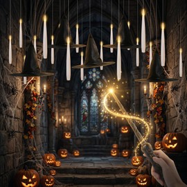 Halloween Decor Indoor, 20PCS Floating Candles with Wand Remote & Witch Hat