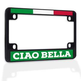 Fastasticdeals Metal Insert Bike License Plate Frame Ciao Bella with Italian Flag E Weatherproof Motorcycle Accessories Black 4 Holes Solid Insert