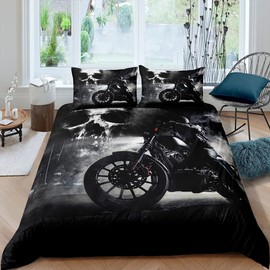 Black Motorcycle Rider Comforter Cover Set Gray Skull and Mist Decor Duvet Cover King Size,Extreme Sport for Boys Teens Men Bedding Set Microfiber Polyester Chic Quilt Cover Set