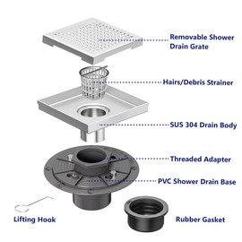 Neodrain 6-Inch Square Shower Drain with Removable Quadrato Pattern Grate, PVC Shower Drain Base and Rubber Gasket for Bathroom Floor Drain, Brushed 304 Stainless Steel, Includes Hair Strainer