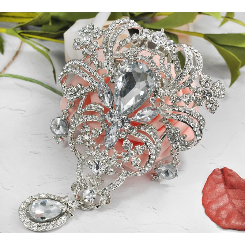 Gyn&Joy Womens 5 Inch Clear Crystal Rhinestones Large Flower Bouquet