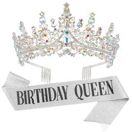 Vovii Birthday Decorations for Women Birthday Silver Tiara and Sash for Women Birthday Queen Sash Crystal Rhinestone Crown for Girl Accesorios Para Mujer Decorations for Girls