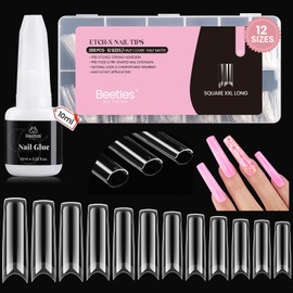 Beetles Gel Nail Tips Square XXL Extra Long Nails for Acrylic Nails Professional, 288 PCS 12 Sizes Half Cover Straight Clear Fake Nails Flatter C Curve with Quick Dry Nail Glue
