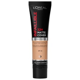 L'Oréal Paris, Infallible 32h Matte Cover, Base de maquillaje mate alta cobertura larga duración con skincare 4% Niacinamida, Anti-Imperfecciones, Tono 115 Warm, 30ml