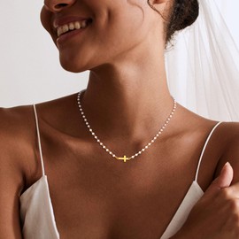 Yatumery Pearl Necklace for Women,14K Gold Plated Sideways Gold Cross Pendant Necklace for Women Charm Gold Cross Necklace for Women Trendy Dainty Gold Jewelry for Women