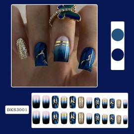 EYZOTSF Press on Nails Short Square Shaped Glossy Full Cover Acrylic Square Short Length French False Nails with Blue Marble Designs Artificial Extra Short Fake Nails Glue ons Fingernails for Women