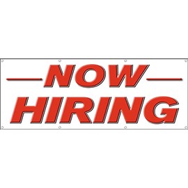 DPSBanners Now Hiring Banner Sign Indoor Outdoor HeavyDuty 13 oz Vinyl Banners NonFabric SingleSided Hemmed with Metal Grommets Help Wanted Apply Inside 36x96 inches 3x8 Feet, Red, Black, White