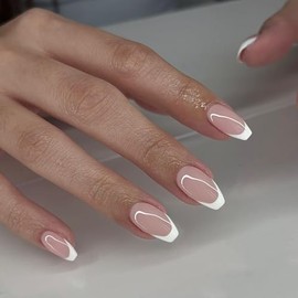 Sxvme 30 Uñas Postizas Cortas Con Punta Francesa Blancas, Uñas Postizas Cortas Con Forma De Ataúd, Uñas Acrílicas Francesas Con Pegamento, Uñas Postiz