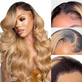 SOSEXY 13x4 1B/27 Highlight Ombre Lace Front Wigs Human Hair Black and Blonde Body Wave Wig 180% Density Colored 13x4 HD Lace Frontal Pre Plucked Black Roots Strawberry Blonde Wig 28 Inch