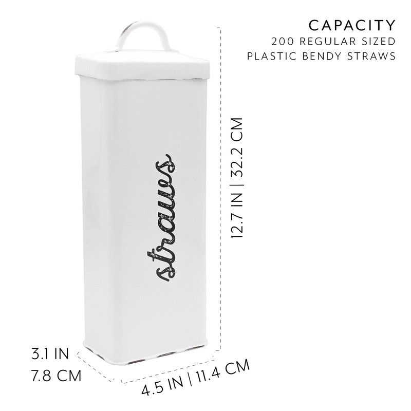 AuldHome Farmhouse Enamelware Straw Holder (White); Rustic Metal Straw Storage