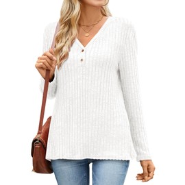 TAOHUADAO Womens Long Sleeve Tops Casual V Neck Lightweight Jumpers Ladies Solid Color Knit Sweatshirt with Button L, White