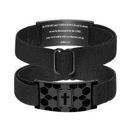 Cupimatch Christliches Armband für Männer: Schwarzes Fußball Kreuzarmband Josua 1:9 Gravur Armreif Verstellbares Edelstahl Elastisches Sportarmband Glaubensgeschenk für Herren Jungen
