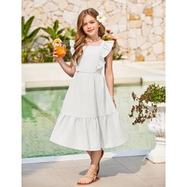 Arshiner Tween Girl White Summer Dresses Wedding Casual Spring Tie Back Tiered Maxi Dress for 9-10 Years