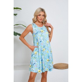 ENMAIN Blue Sundresses for Women Summer Casual Sleeveless Dresses Swing Loose Floral Cover up Beach Tank Dress with Pockets
